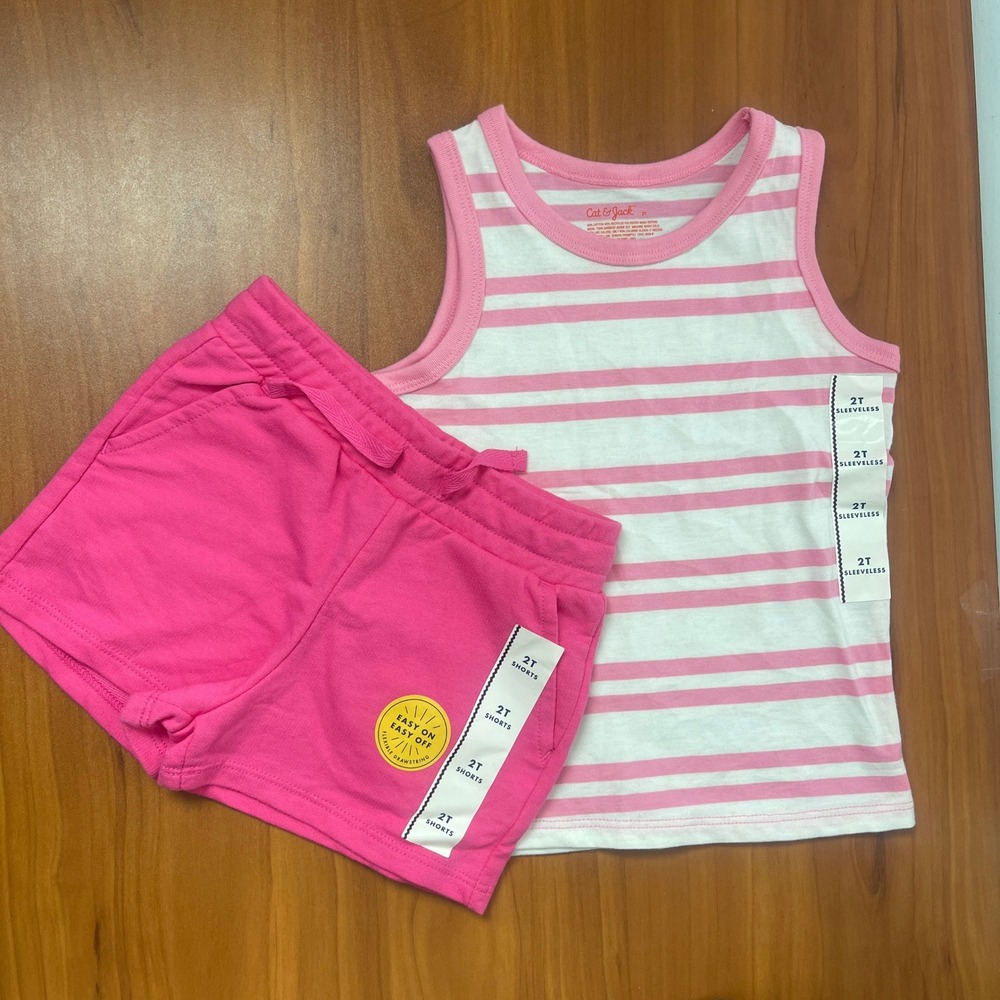 Cat & Jack Girls 2T Pink White Striped Tank Top and Shorts 2-pc Set NWT